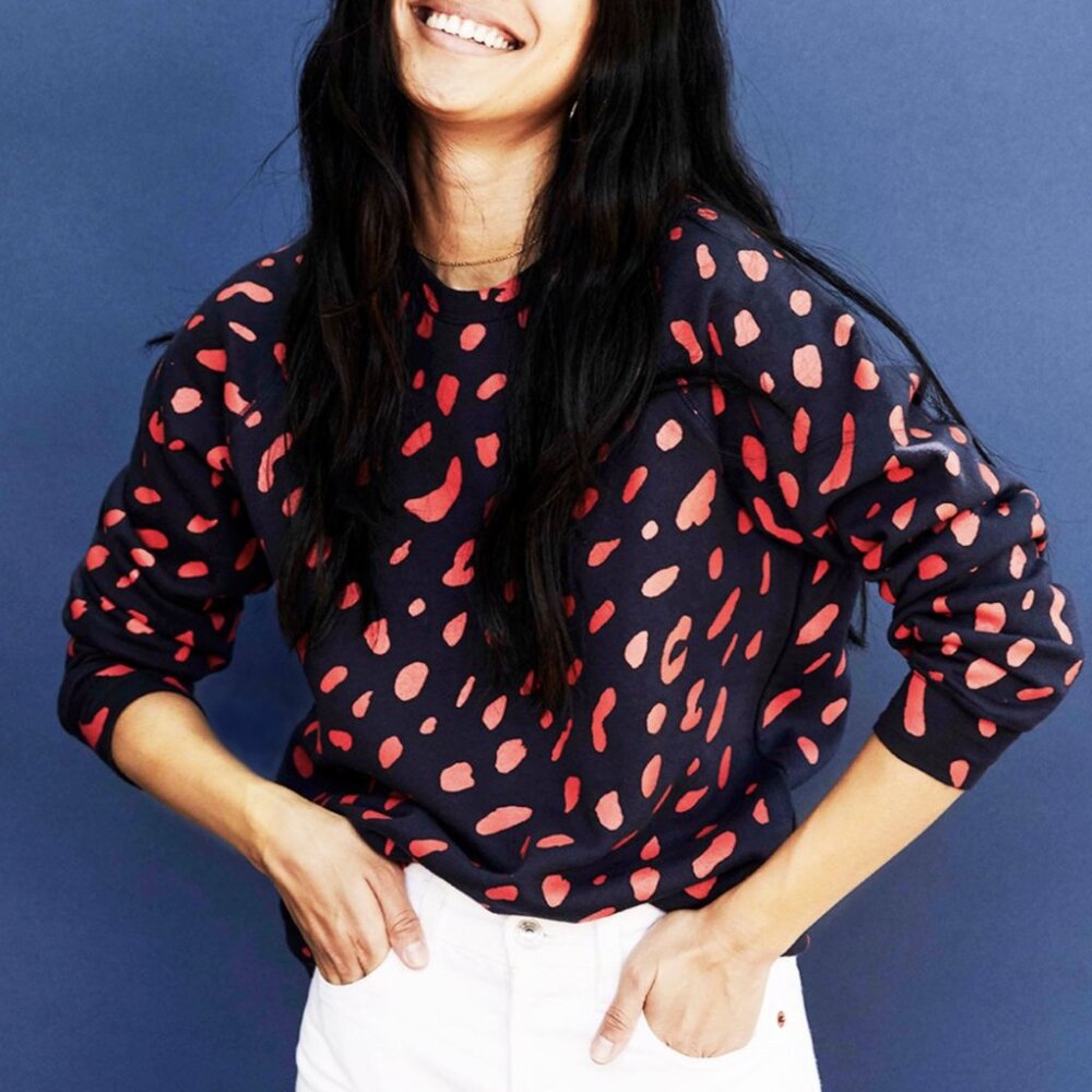 Clare V Jaguar Leopard Navy Red Crewneck Sweatshirt Medium